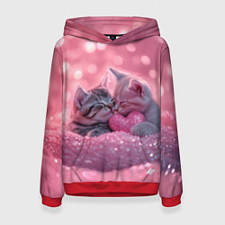 Толстовка-худи женская Влюбленные котята в розовых блестках, цвет: 3D-красный