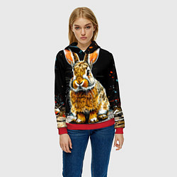 Толстовка-худи женская Заяц на черном, цвет: 3D-красный — фото 2