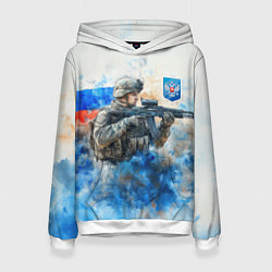 Толстовка-худи женская Русский солдат и герб РФ, цвет: 3D-белый