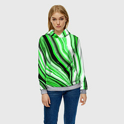 Толстовка-худи женская Волнистые вертикальные чёрно-зелёные полосы, цвет: 3D-меланж — фото 2