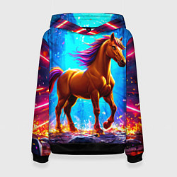 Толстовка-худи женская Лошадь в ярких лучах, цвет: 3D-черный