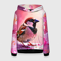 Толстовка-худи женская Воробей в розовом, цвет: 3D-черный