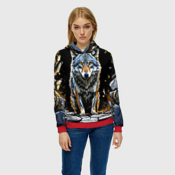Толстовка-худи женская Волк на черном, цвет: 3D-красный — фото 2