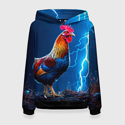 Толстовка-худи женская Петух и молния, цвет: 3D-черный