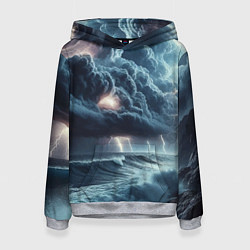 Толстовка-худи женская Шторм на море - сверкание молний, цвет: 3D-меланж