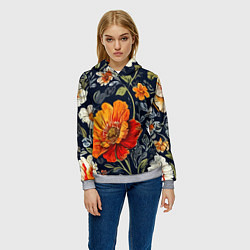Толстовка-худи женская Маки и пионы старинный паттерн, цвет: 3D-меланж — фото 2