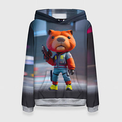 Толстовка-худи женская Крутой капибара с пистолетом - киберпанк фантазия, цвет: 3D-меланж