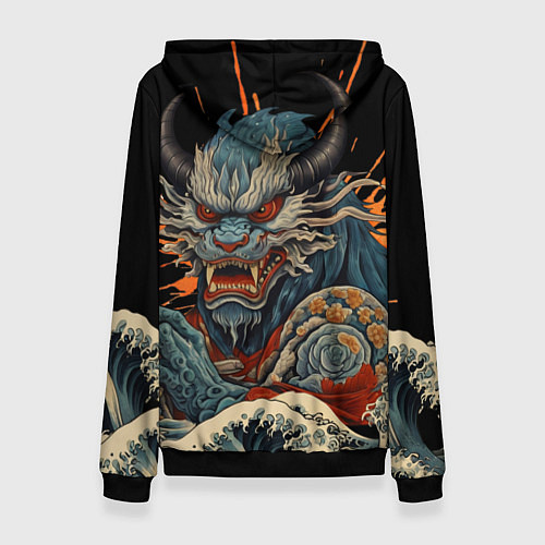 Женская толстовка Японский дракон и волны в стиле тату ирезуми / 3D-Черный – фото 2