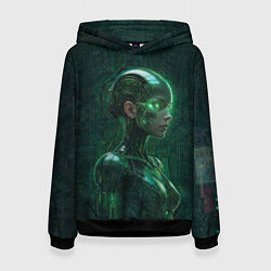 Толстовка-худи женская Девушка-андроид в зелёных тонах, цвет: 3D-черный