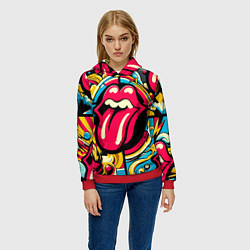Толстовка-худи женская Rolling Stones logo - pop art pattern, цвет: 3D-красный — фото 2