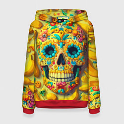 Толстовка-худи женская Красочный летний паттерн с черепом - нейроарт, цвет: 3D-красный