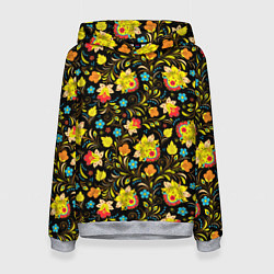 Толстовка-худи женская Хохлома цветы, цвет: 3D-меланж