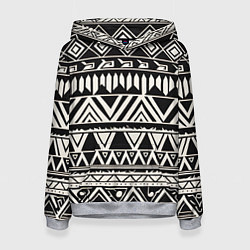 Толстовка-худи женская Черно белый орнамент в этническом стиле, цвет: 3D-меланж