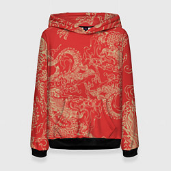 Толстовка-худи женская Золотые драконы на красном, цвет: 3D-черный