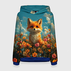 Толстовка-худи женская Лисица в цветочном поле, цвет: 3D-синий