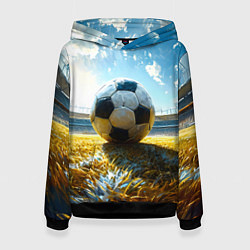 Толстовка-худи женская Футбольный мяч на стадионе, цвет: 3D-черный