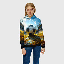 Толстовка-худи женская Футбольный мяч на стадионе, цвет: 3D-черный — фото 2