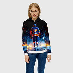 Толстовка-худи женская Хоккеист в синем пламени, цвет: 3D-белый — фото 2