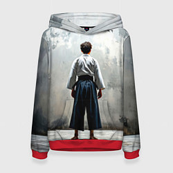 Толстовка-худи женская Боец айкидо на сером, цвет: 3D-красный