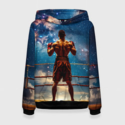 Толстовка-худи женская Тайский боксер в космосе, цвет: 3D-черный