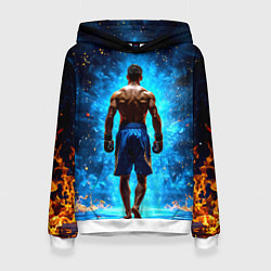 Толстовка-худи женская Кикбоксер в огне, цвет: 3D-белый