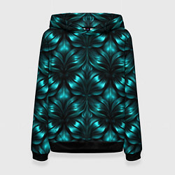 Толстовка-худи женская Зеленые узоры из абстрактных листьев - блестящий п, цвет: 3D-черный