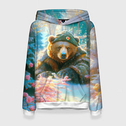 Толстовка-худи женская Русский медведь военный в лесу, цвет: 3D-белый