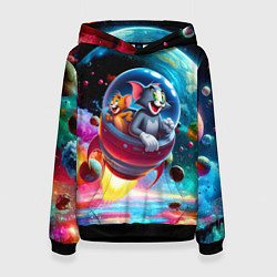 Толстовка-худи женская Том и Джерри летят в ракете - нейроарт, цвет: 3D-черный