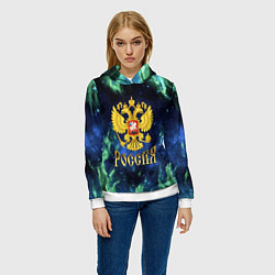Толстовка-худи женская Герб России - зеленое абстрактное пламя, цвет: 3D-белый — фото 2