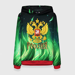 Толстовка-худи женская Россия на фоне зеленого огня, цвет: 3D-красный