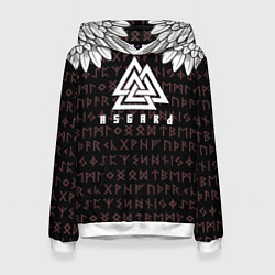 Толстовка-худи женская Асгард на фоне рун и валькнут, цвет: 3D-белый