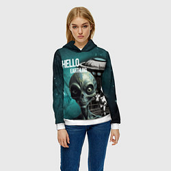 Толстовка-худи женская Инопланетянин на фоне космоса и летающей тарелки, цвет: 3D-белый — фото 2