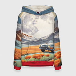 Толстовка-худи женская Луна и автомобиль, цвет: 3D-красный