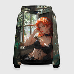 Толстовка-худи женская Рыжая девушка у окна, цвет: 3D-черный