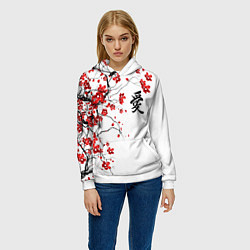 Толстовка-худи женская Сакура с иероглифом Любовь, цвет: 3D-белый — фото 2