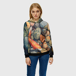 Толстовка-худи женская Акварельный Кои карп и камушки галька, цвет: 3D-черный — фото 2