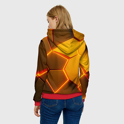 Женская толстовка Желтые неоновые соты - текстура / 3D-Красный – фото 4