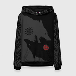 Толстовка-худи женская Волки викингов с обережными символами - тату, цвет: 3D-черный