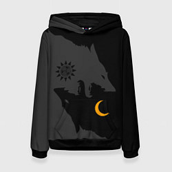 Толстовка-худи женская Мистические волки ночи и дня - тату, цвет: 3D-черный