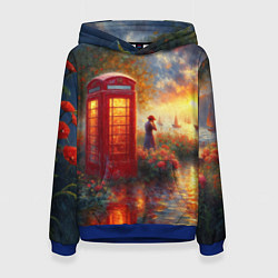 Толстовка-худи женская Пейзаж с красной телефонной будкой, цвет: 3D-синий