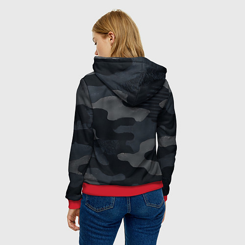 Женская толстовка Текстура - камуфляжная синяя ткань / 3D-Красный – фото 4