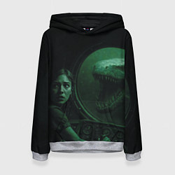 Толстовка-худи женская На батискаф с девушкой нападает Тилозавр ужасы, цвет: 3D-меланж