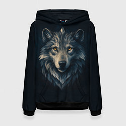 Толстовка-худи женская Пиксельная голова волка, цвет: 3D-черный