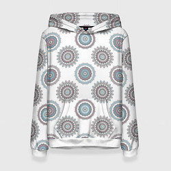 Толстовка-худи женская Круглый разноцветный узор мандала, цвет: 3D-белый
