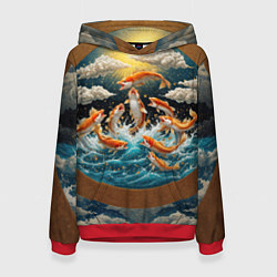 Толстовка-худи женская Большие золотистые рыбы выпрыгивают из воды, цвет: 3D-красный