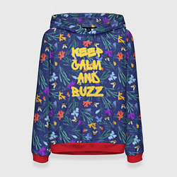 Толстовка-худи женская Keep calm and buzz - пчелы и цветы, цвет: 3D-красный