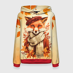 Толстовка-худи женская Осенний лис в шарфе, цвет: 3D-красный