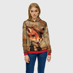 Толстовка-худи женская Лисенок на винтажном фоне, цвет: 3D-красный — фото 2