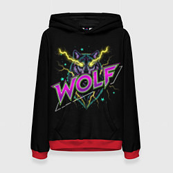 Толстовка-худи женская Голова волка со светящимися желтыми глазами, цвет: 3D-красный