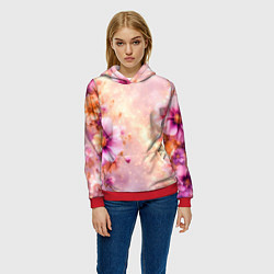 Толстовка-худи женская Нежный розовый цветочный с золотистым свечением, цвет: 3D-красный — фото 2